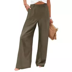 Calça larga de linho de algodão feminina, comprimento total, casual, monocromática, solta, cintura alta, reto, botão, verão - comprar online