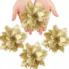Flores artificiais de glitter para árvore de natal, ornamentos pendurados, flor falsa, lar, Natal, ano novo, presente, 2022, 2024