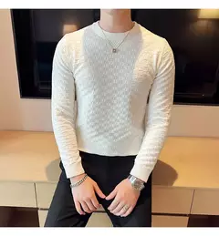 Outono inverno estiramento jacquard tecido o-pescoço camisola waffle masculina ajuste fino manga longa pullovers de malha casual streetwear homme - Wolf Magazine
