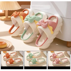 Chinelos de linho antiderrapantes internos para mulheres, sapatos de algodão domésticos, chinelo liso bonito bowknot, slides de casais, primavera, verão na internet