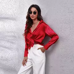 Blusa cetim manga comprida feminina, camisa de seda, tops soltos, streetwear elegante, roupas de primavera e outono