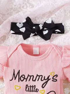 Macacão bonito em torno do pescoço das meninas do bebê, Slogan Bordado, Coração Imprimir Shorts, Headband, Casual, Primavera, Outono, 2Pcs Set - Wolf Magazine