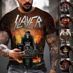 Rock de heavy metal masculino Slayer camiseta de hip hop impressa em 3D, roupas casuais, gola redonda, estilo legal, cosplay de manga curta na internet