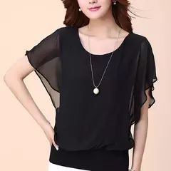 Blusa de chiffon para mulheres, cor sólida, gola redonda, pulôver solto, batwing sleeve, plissado, roupas casuais, verão - loja online
