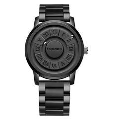 FOXBOX-Relógio de pulso masculino de quartzo magnético, ponteiro de rolagem criativo, relógio de couro genuíno