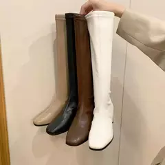 Botas longas femininas de salto alto de bloco preto, botas altas de joelho quente, sapatos de couro macio, moda inverno, novo, 2021 - loja online