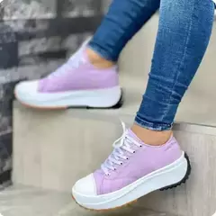 Imagem do Sapatos clássicos velozes de lona branca para mulheres, tênis com cordões sólidos, sapatos casuais de plataforma, 2024