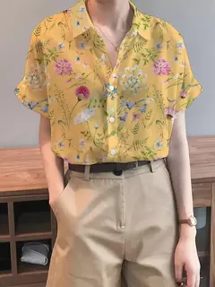 Camisa feminina colorida em 3D com estampa floral, tops de manga curta, botão, gola elegante, primavera e outono, 2024 - loja online