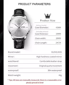 OLEVS-Relógio Quartz Masculino, Relógio de Pulso em Couro, Big Dial, Calendário Duplo, Impermeável, Luminoso, Top Brand, Moda, 2935, 43mm - loja online