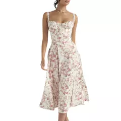 Vestido de verão estampado floral, Laço frontal feminino, Gola quadrada, Vestido de coxa dividido, Cinta de praia, Vestido de noite, Novo