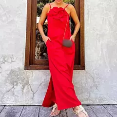 Vestido maxi solto sem mangas feminino, monocromático, halter de flores, festa elegante, streetwear, moda feminina, Novo, 3D, 2024 na internet