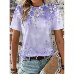 Camiseta colorida com padrão de borboleta feminina, camisetas estampadas com flores 3D, camiseta solta na moda, manga curta, tops redondos com pescoço, vívido