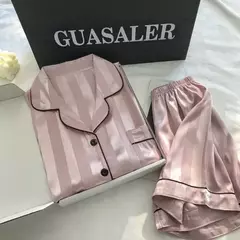 Pijama feminino de seda gelo, manga curta, calça curta, seda de simulação, roupa doméstica, cor sólida, listrado, estudante, conjunto 2 peças, S, L