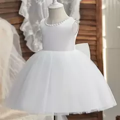 Imagem do Vestido de tule sem costas para bebé com laço grande e pérolas, 1 ° vestido de aniversário, princesa infantil, vestido baptizado, 1 a 5 anos