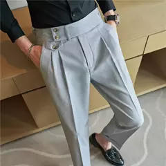 Calça de cintura alta estilo britânico masculina, justa, calça formal de escritório, social, festa de casamento, fato de vestido, calça, casual
