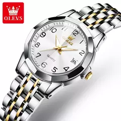 OLEVS-Relógio de quartzo para mulheres, aço inoxidável sólido, mostrador digital, pulseira elegante impermeável, espelho losango, conjunto presente