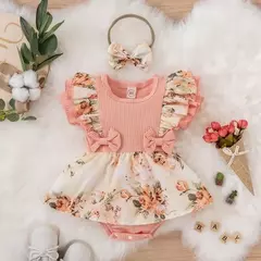 Vestido para a menina do verão, macacão listrado, roupa do algodão, projeto floral, para o recém-nascido