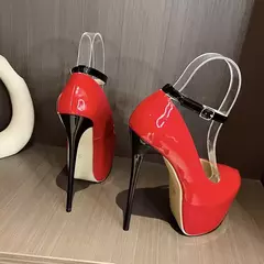 Bombas de salto ultra alto para mulheres, 16cm, alça de tornozelo, plataforma, dedo do pé fechado, vestido sexy, festa de casamento, vermelho, sapatos pretos - Wolf Magazine
