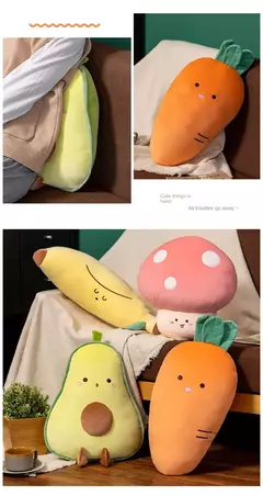 Travesseiro de frutas recheadas para meninas brinquedo de pelúcia banana macia cogumelo dos desenhos animados, cenoura e abacate presente para meninas