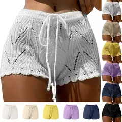 Maiô de malha de crochê para mulheres, cobertura inferior sólida, maiô, calções de praia com cordão, calções de banho verão - loja online