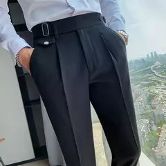 Homens estilo britânico ternos calças novo masculino sólido calças de cintura alta alta qualidade formal magro ajuste negócio casual terno calças - comprar online