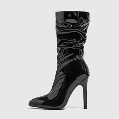 Imagem do Botas femininas de couro envernizado plissado, dedo apontado feminino, cavaleiro com zíper, salto alto curto para passarela, inverno, 2022