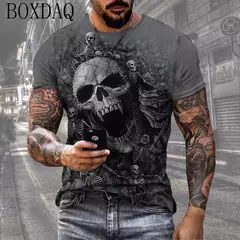 Camiseta Horror Death Caveira Masculina, Manga Curta, Estampada 3D, Rua do Terror, Camiseta Hip Hop, Decote O, Solta, Tops Casual de Verão, Roupas