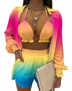 Fato de banho feminino de três peças, moda praia sexy, biquíni de cintura alta, maiô estampado, shorts para cobrir, moda praia de verão, novo 2024