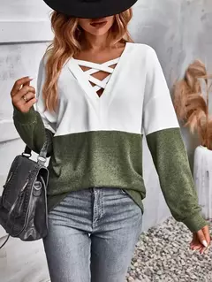 Camisas femininas coloridas com decote v, camiseta de manga comprida, tops casuais da moda, pulôver primavera e outono - Wolf Magazine