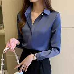 Blusa feminina de cetim de seda manga longa, camisa feminina, tops básicos, roupas femininas OL, moda feminina, 2023