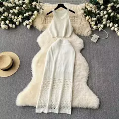 Vestido de praia feminino de tricô de cor sólida, regata, fenda de textura, terno protetor solar, escavar moda praia, encobrir, novo estilo - Wolf Magazine