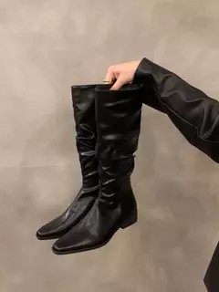 Imagem do Botas altas para o joelho feminino, sapatos femininos, dobras deslizantes, salto baixo, dedo do pé redondo, plano, longo, moda, outono, inverno