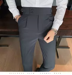 Homens estilo britânico ternos calças novo masculino sólido calças de cintura alta alta qualidade formal magro ajuste negócio casual terno calças - loja online