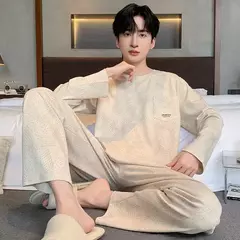 Imagem do Pijama de algodão de duas peças masculino, calça de manga comprida, traje caseiro, estudante e adolescente, novo outono