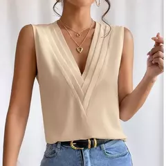 Moda feminina verão novo multi-nível com decote em v cor sólida regata camisa elegante feminino branco sem mangas blusa casual na internet