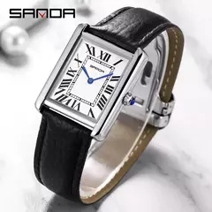 Relógio de quartzo masculino e feminino Sanda, 30m à prova d'água, casual, moda, pulseira de couro, mostrador quadrado, resistente ao desgaste