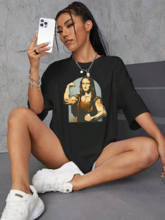Camiseta de algodão de manga curta feminina, estampa fitness, extragrande, casual, solta, jogando jogadores na Mona Lisa