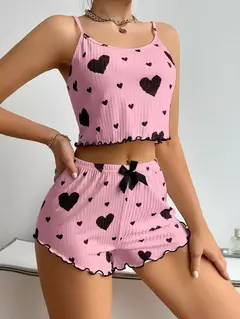Conjunto de pijama macio feminino, tops curtos e shorts, ventilação branca, impressão de amor, pijamas casuais, 2 peças, S, M, L