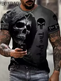 Camiseta Horror Death Caveira Masculina, Manga Curta, Estampada 3D, Rua do Terror, Camiseta Hip Hop, Decote O, Solta, Tops Casual de Verão, Roupas - comprar online