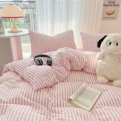 Imagem do Conjunto de cama simples Pink Stripe para adultos e crianças, lençol de algodão lavado, fronha, roupa de cama completa Queen, conjunto de capa de edredão, sem enchimento