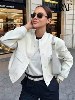 TRAF-Jaqueta bomber feminina de manga comprida com bolsos, casacos vintage, botão frontal, casacos casuais femininos, tops chiques, moda na internet