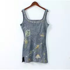 Mini vestido de cinta de espaguete feminino, vestido sexy sem costas, vestidos de fenda apertada sem mangas, senhoras banquete clubwear, estampa moda