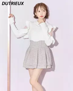 Saias Plissadas Japonesas Lolita Plissadas para Mulheres, Saia Xadrez, Cintura Alta Elástica, Mini Culottes Emagrecedores, Novo, Primavera, 2022 na internet