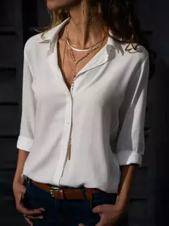 Blusa feminina casual de manga comprida, elegante camisa solta de lapela, streetwear monocromático, túnicas de senhora do escritório, blusa grande, primavera, verão
