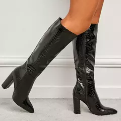 Botas de couro com pontas aneikeh para mulheres, botas até o joelho com saltos grossos, padrão crocodilo, zíper lateral, primavera e outono, 2021 - loja online
