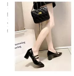Sapatos Mary Janes de fivela dupla feminina, couro envernizado, cabeça quadrada, salto quadrado, cor sólida, primavera, outono, 2022 na internet