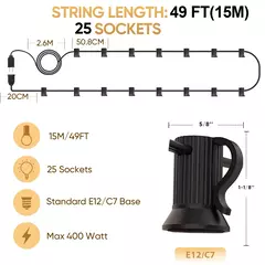 Imagem do Impermeável String Light com Cabo Elétrico, E12 Sockets, C7 Base, UE 220V, EUA 110V, Hold Lâmpada, Conectável, Casamento, Decoração de Natal
