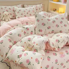 Conjunto de cama infantil com 3 peças, colcha rosa, capa de edredão floral vegetal, padrão de gato, desenhos animados fofos, conjunto de cama para meninas, decoração do quarto - Wolf Magazine