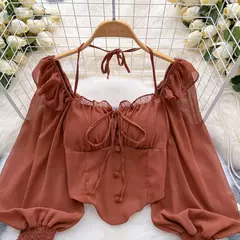 SINGREINY-Blusa Chiffon de Manga Flare para Mulheres, Tops Ruffle, Cintura Elástica Sólida, Halter Backless, Slim Ladies, Harajuku Sexy Blusa Curta - loja online