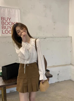 Xpqbb-Blusa de chiffon com decote em V para mulheres, camisas soltas com renda, manga comprida, babados, streetwear feminino, roupas coreanas, primavera e outono, 2024 - comprar online